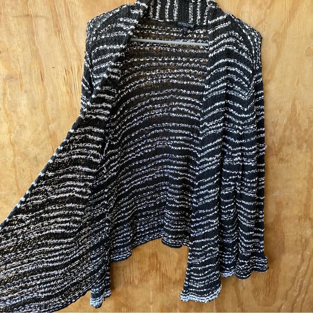 Eileen Fisher Cotton Black and White knit Open Front Cardigan - Picture 3 of 10